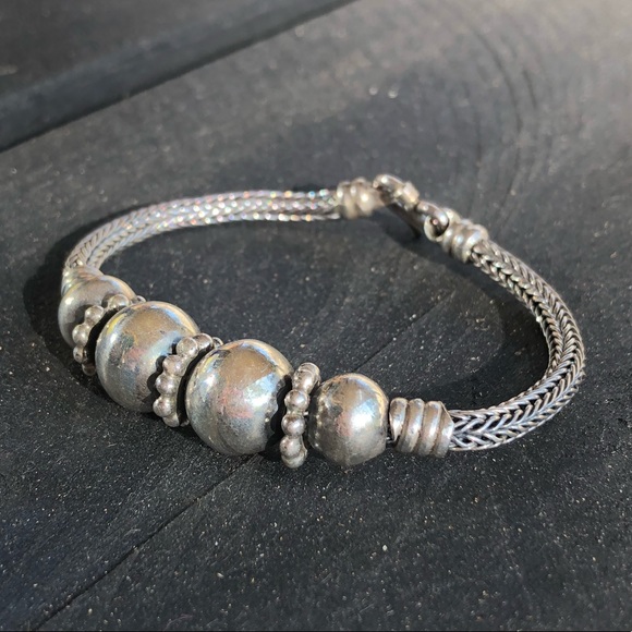 Vintage Sterling Silver Wheat Link Beaded Bracelet - Picture 8 of 15